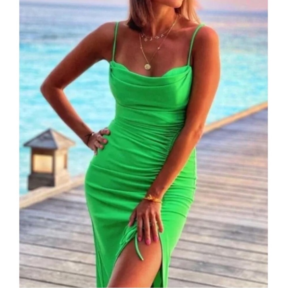 Zara XS Bright Green Draped Midi Dress High Side Slit Sweetheart Neckline